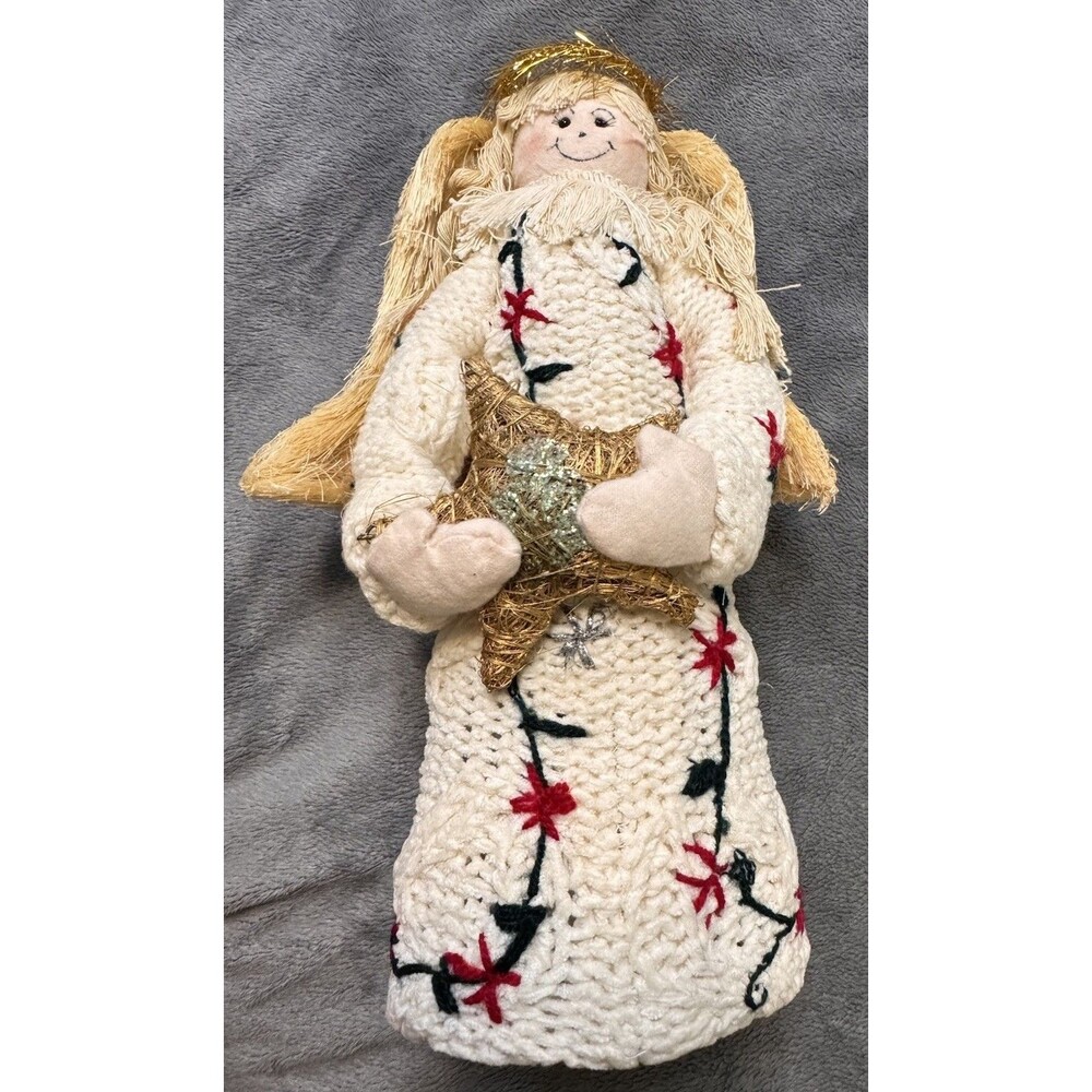 Christmas Tree Topper Rustic Angel With Twig Star And Gold Tinsel Halo Vintage